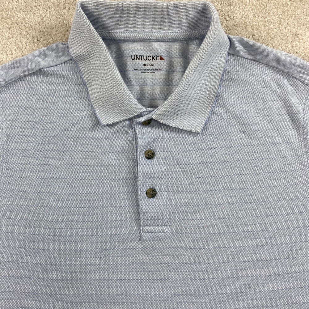 UNTUCKit Polo Shirt Mens Medium Blue Striped Short Sleeve Cotton Blend Pique